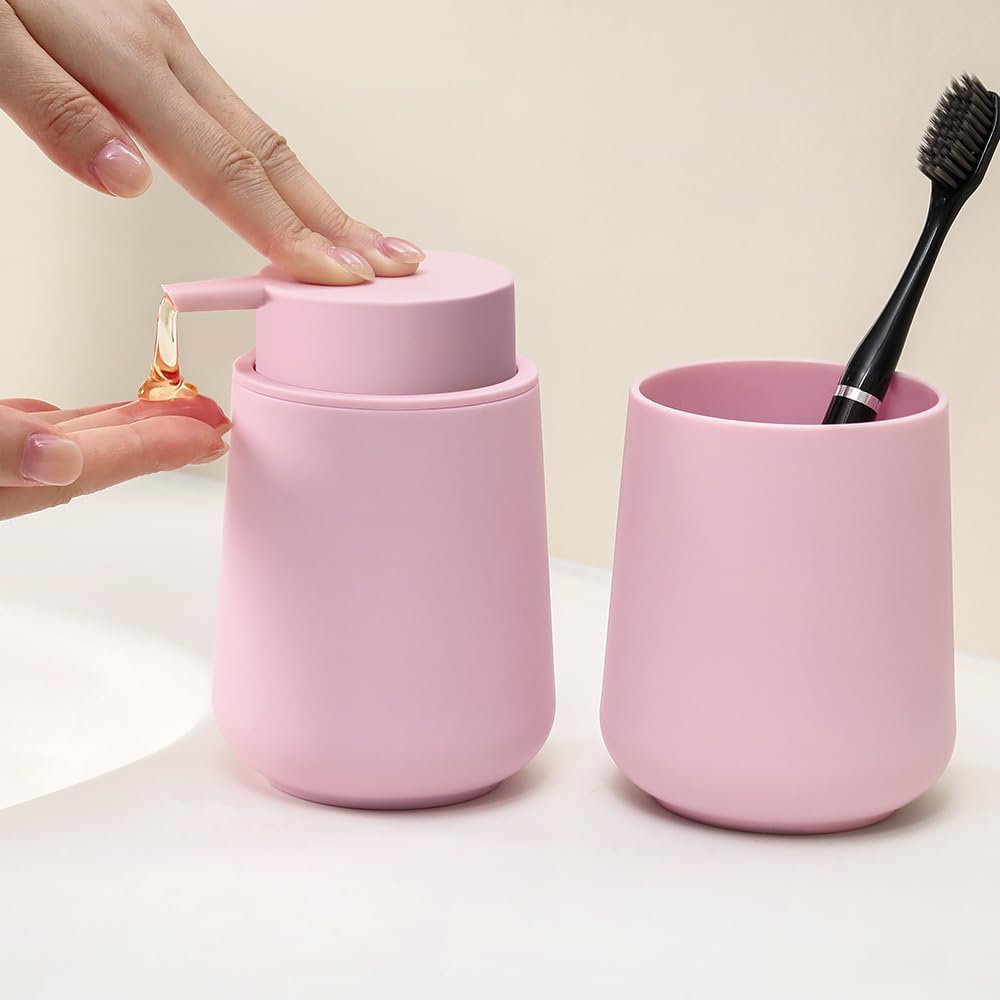 Matte Pink Bathroom Accessories 2 Piece Set Plastic Soap Dispenser and Toothbrush Holder for Modern Bathroom Decor