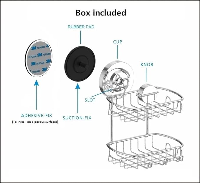 Soap Dish for Shower Suction Cup Powerful Vacuum System Rustproof 304 Stainless Steel Basket Sponges Holder with Razor Hooks for Bathroom or Kitchen Soap Holder, 2 Tier (Silver)