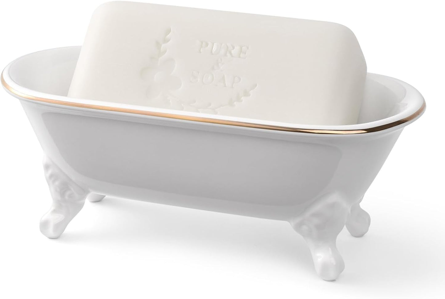 6.5" Ceramic Mini Decorative Clawfoot Bathtub Bar Soap Dish, Kitchen Sponge Holder and Shower Tray for Bathroom, 1 Pack (White Gold Rim)