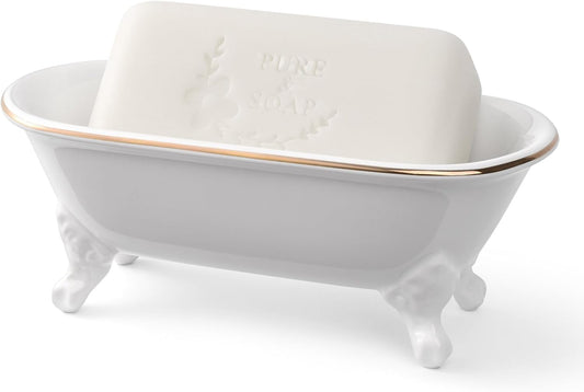 6.5" Ceramic Mini Decorative Clawfoot Bathtub Bar Soap Dish, Kitchen Sponge Holder and Shower Tray for Bathroom, 1 Pack (White Gold Rim)