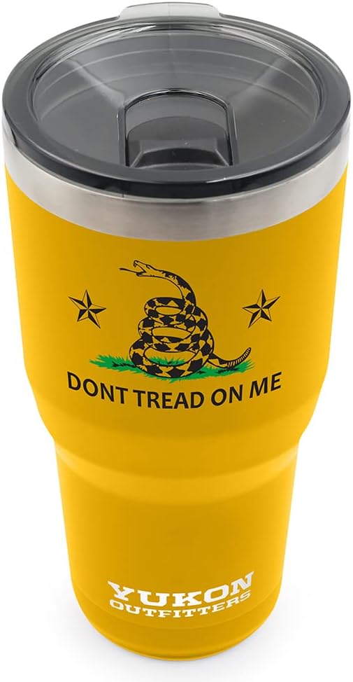 Yukon Outfitters Freedom High Grade 18/8 Stainless Steel Double Wall Vacuum Insulated Tumbler (30oz / 890ml) - 7.85" H x 3.9" Top Dia. / 2.9" Bottom dia., Gold with 'Dont Tread On Me' print