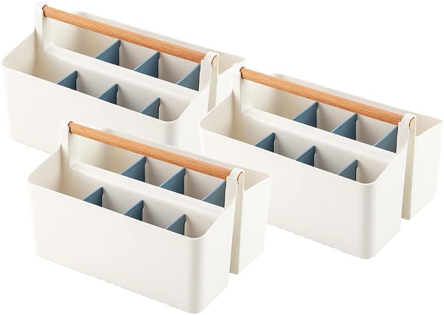 3 pcs Large Portable Caddy with Handle, Art Supplies, DIY Divided Basket for Crafts Colored Pencils Pen Holds Brushes (Blue Dividers)