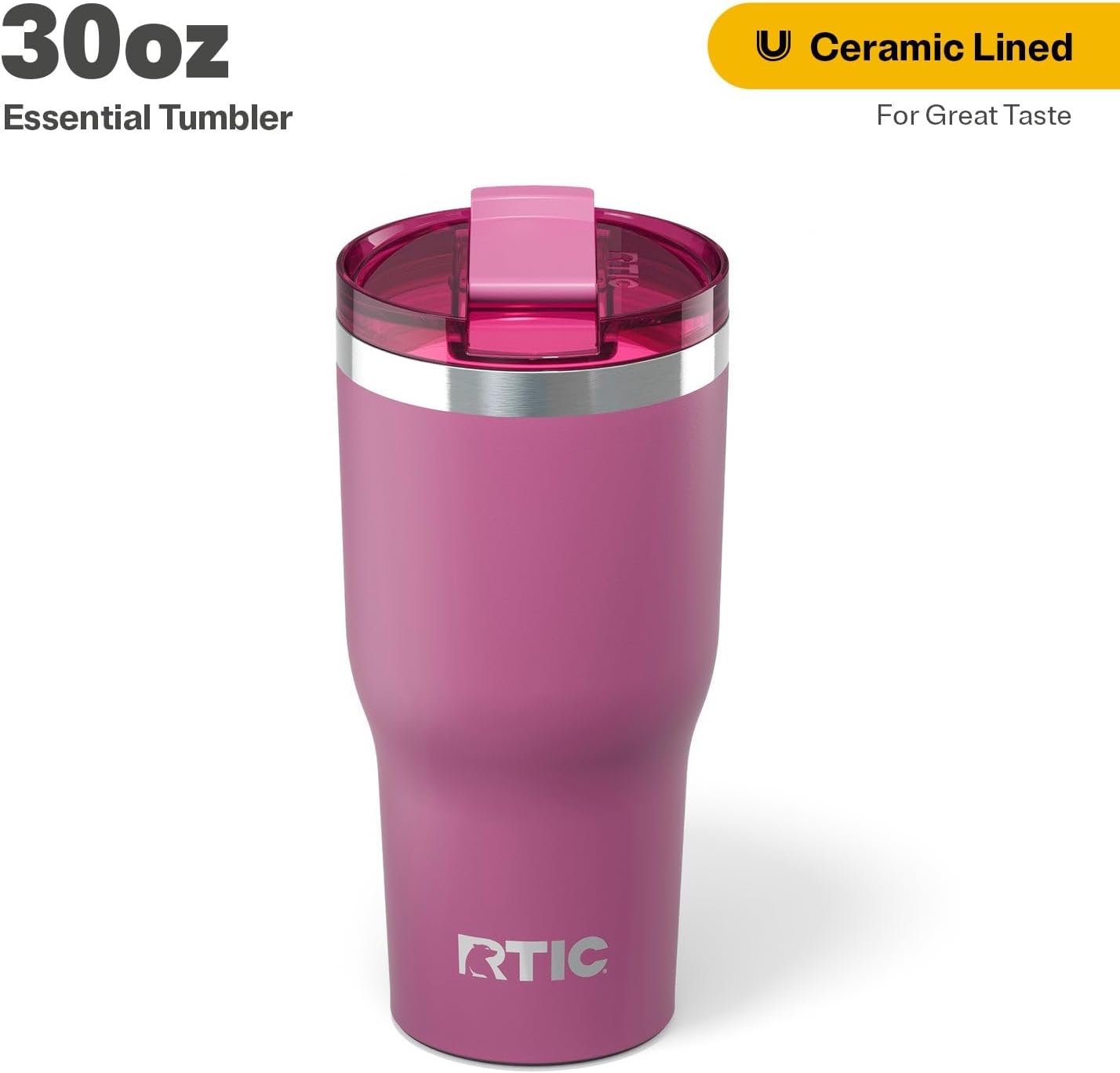 RTIC 30oz Essential Tumbler with Lid, Ceramic Lined, Insulated, Stainless Steel, Metal, Double Wall Vacuum-Insulation, Travel Cup for Iced Coffee, Tea, Hot and Cold Drink, Orchid