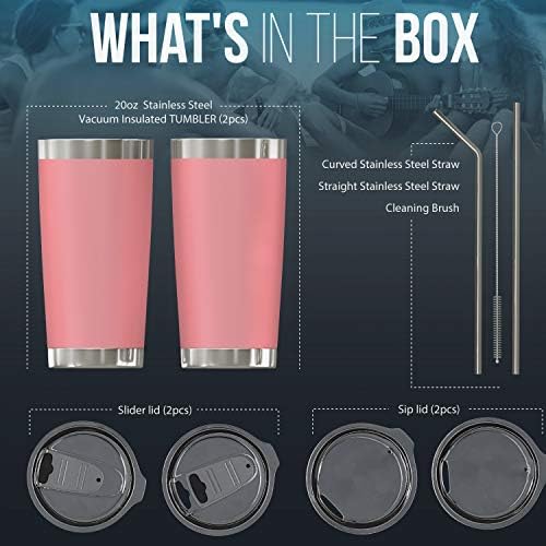 BluePeak Double Wall Stainless Steel Vacuum Insulated Tumbler Set, 2-Pack. Includes Sipping Lids, Spill-Proof Sliding Lids, Straws, Cleaning Brush & Gift Box (20oz, Pink)