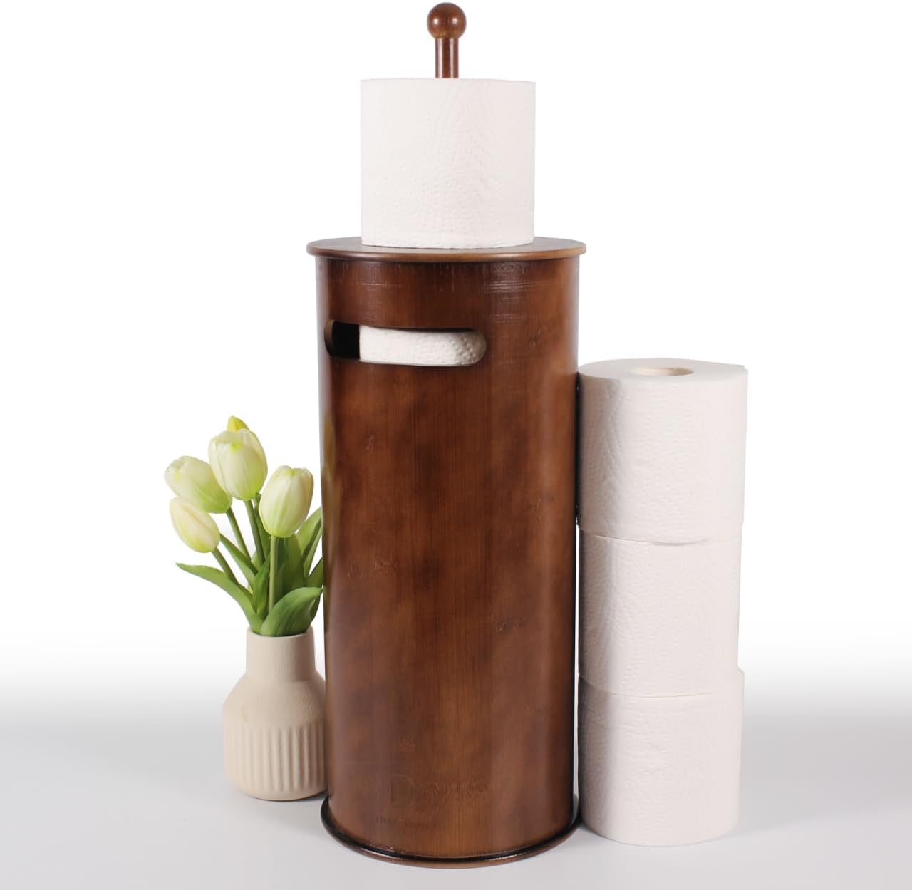 Toilet Paper Stand with 3-Roll Tissue Holder for Boho Bathroom, FreeStanding Bamboo Toilet Paper Holder,Wood Toilet Paper Storage with Lid.