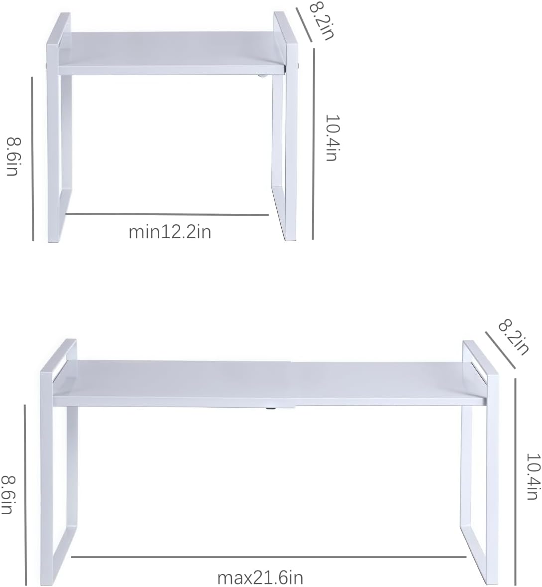 Expandable Cabinet Shelf Organizer Riser for Kitchen Pantry Cupboard Under Sink Countertop (white, 8.2’’D * 12.2-21.6’’W * 10.4’’H)