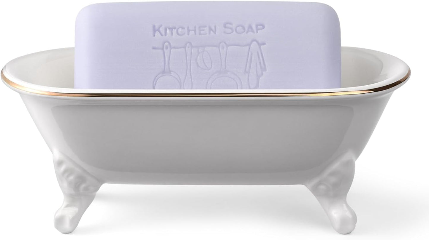 6.5" Ceramic Mini Decorative Clawfoot Bathtub Bar Soap Dish, Kitchen Sponge Holder and Shower Tray for Bathroom, 1 Pack (White Gold Rim)