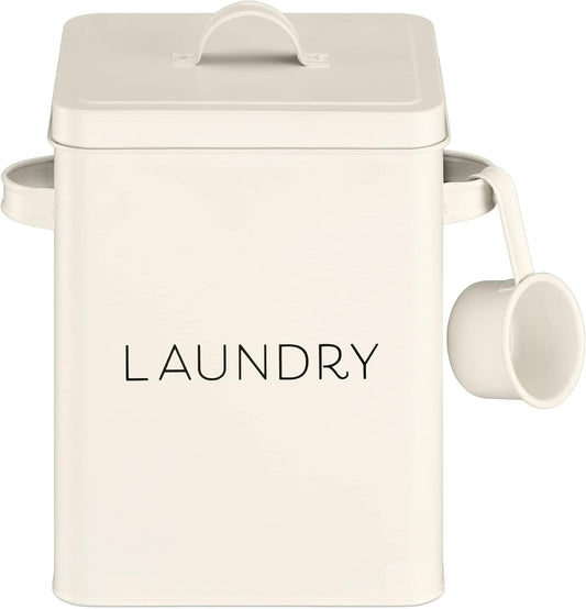 Navaris Laundry Detergent Container with Scoop - Powder Laundry Soap Tin - Vintage Style Metal Organizer Canister Box with Lid and Handles - White