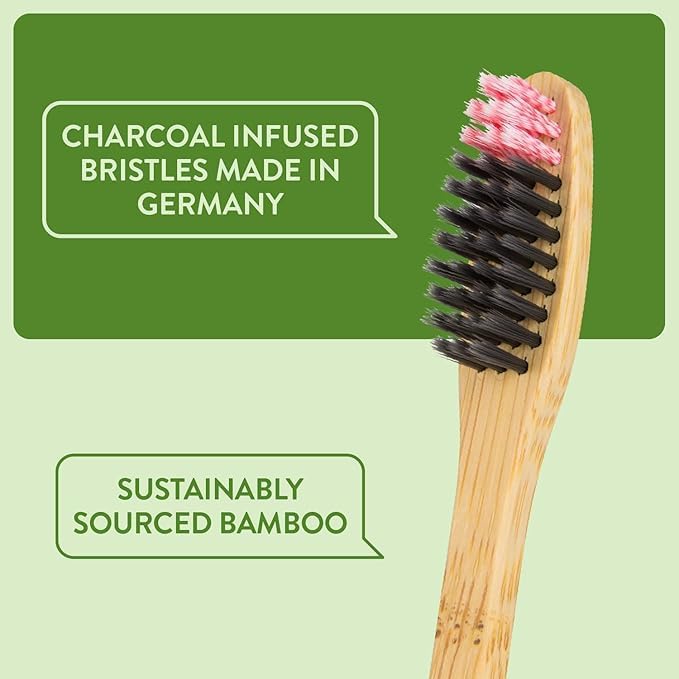 Lindo EcoGrip Charcoal Infused Bamboo Toothbrush - Soft German Made Fiber Bristles, Organic and Recyclable, Multi-Colored - Pack of 4