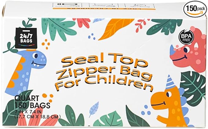 24/7 Bags- Quart Zip Storage Bags, 150 Count with Patterns, 4 Unique Fun Designs, Zero BPA, Lunch, Trips, Parties & More
