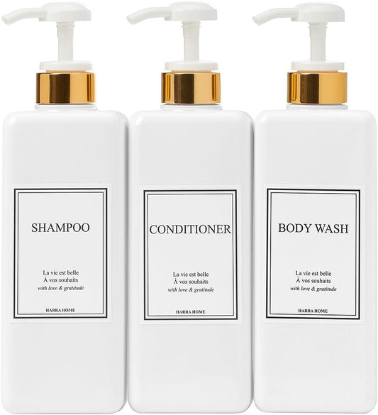 Modern Gold Design Large 27 oz Shampoo and Conditioner Dispensers - Empty Plastic Refillable Pump Bottle Set for Bathroom Shower Soap Dispenser, Gift Box Included, Set of 3 (White)