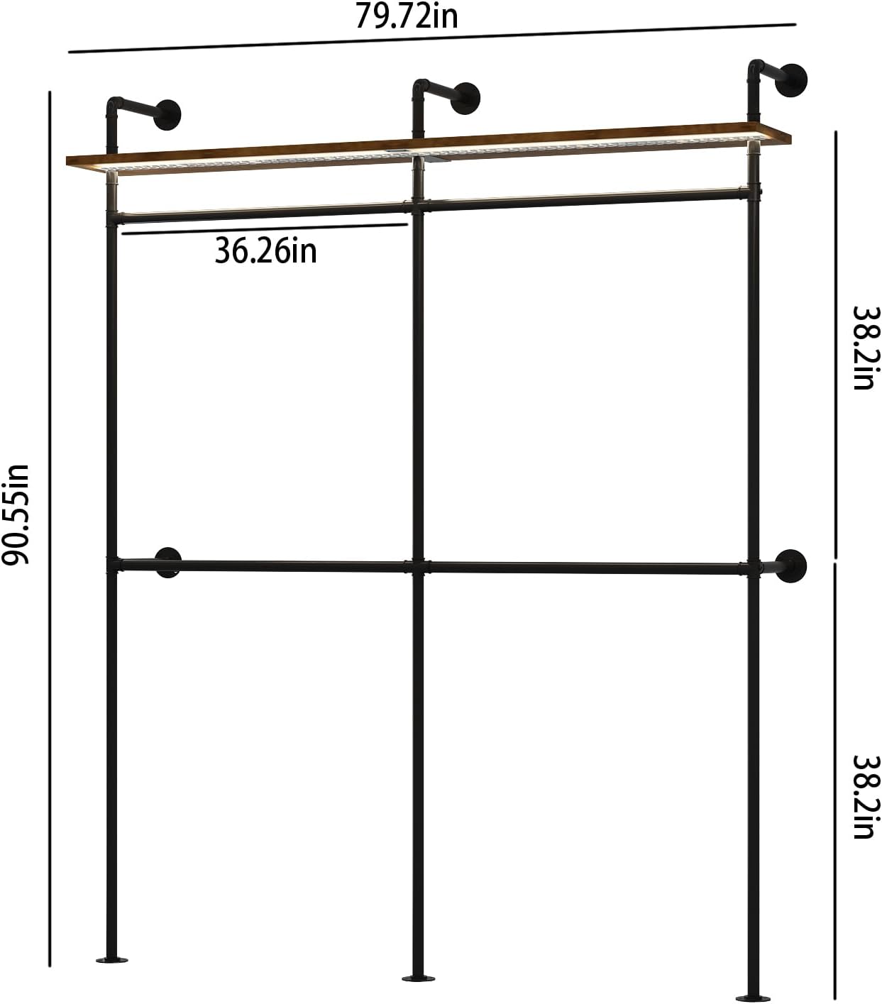 Industrial Pipe Clothing Racks with Shelves & LED Lights, 79" Wall Mounted Clothes Rack for Hanging Clothes, Heavy Duty Industrial Pipe Shelving for Walk-in Closet Storage, Black