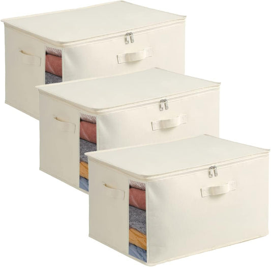 3-Pack Large Canvas Comforter Storage Bags for Clothes Sweater Clothes Organizer with Dual Zipper Three Carrying Handles for Blanket Closet Storage Container
