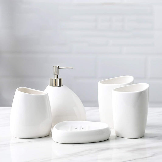 White Ceramic Bathroom Accessory Set, Bathroom Vanity Countertop Set, Bathroom Soap Dispenser and Toothbrush Holder Set Complete, 2 Tumbler Cup, Soap Dish, 5 Pieces