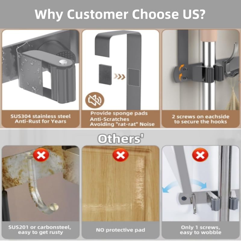 Broom Holder Over The Door Over Door Broom and Mop Rack Over The Door Hooks Organizer With4 Slots & 3 Hooks 1 Storage Basket For Laundry Room, Garage, Closet, Kitchen Decor (grey)