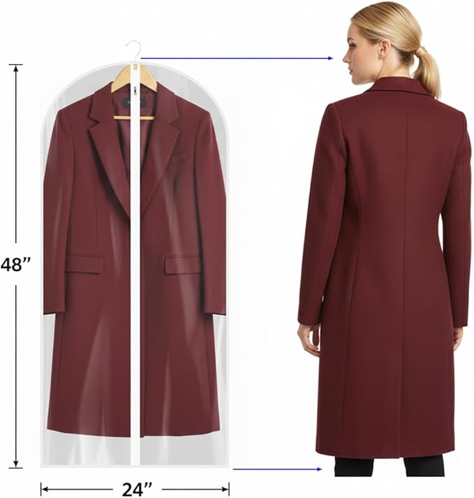 All Clear Garment Bags for Travel - 48” PEVA Waterproof Suit Cover with Zipper for Hanging Clothes, long dress - Durable Dresser for Closet Storage, Dustproof & Moisture Resistant - 48”/6 Pack