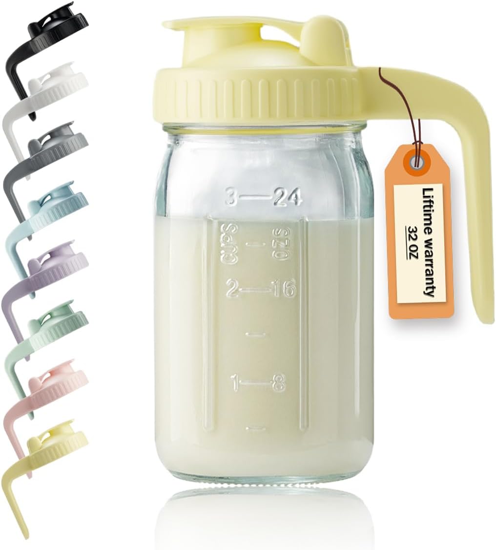 32oz Glass Pitcher with Lid & V-shaped Pour Spout - 1 Quart Breastmilk Pitcher Double Leak Proof, Creamer Container for Sun Tea, Juice, Cold Brew Coffee, Breastmilk Storage Container