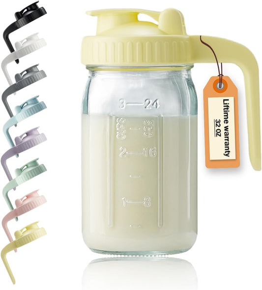 32oz Glass Pitcher with Lid & V-shaped Pour Spout - 1 Quart Breastmilk Pitcher Double Leak Proof, Creamer Container for Sun Tea, Juice, Cold Brew Coffee, Breastmilk Storage Container