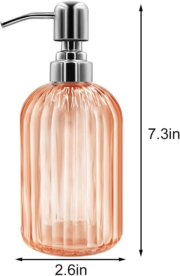 Soap Dispenser - 2 Pack 14 Oz Glass Soap Dispenser with Rust Proof Stainless Steel Pump, Refillable Liquid Bottle Dispenser, Premium Hand Jar Dispenser for Bathroom, Kitchen, Countertop (Amber Orange)