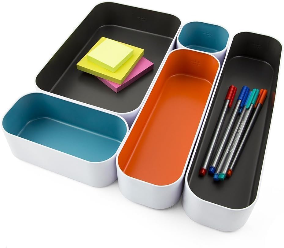 Three by Three Seattle 5 Piece Metal Organizer Tray Set for Storing Makeup, Stationery, Utensils, and More in Office Desk, Kitchen and Bathroom Drawers (2 Inch, Multicolor)