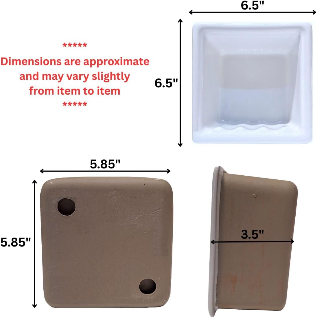 SereneDrains Recessed Ceramic Soap Dish Bar Holder Shower Wall Mount Tray Bathroom Accessories Niche Decorative (White Glossy, 6.5" x 6.5")