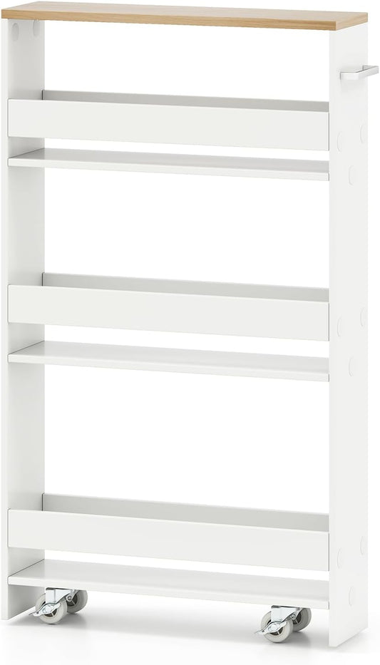 Small Kitchen Cart, 4-Tier Slim Rolling Island w/Handle, Laundry Room Storage Organizers Between Washer and Dryer, Narrow Spice Rack on Wheels Next to Fridge (White & Natural, 5'')