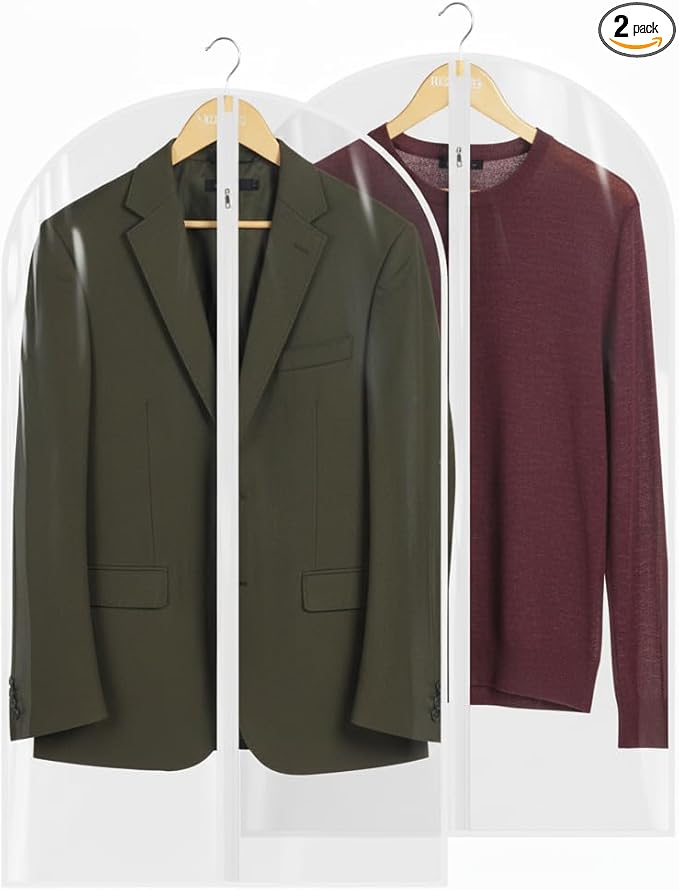 40” All Clear Garment Bags for Travel - PEVA Waterproof Suit Cover with Zipper for Hanging Clothes, Dresses, Coats - Durable Dresser for Closet Storage, Dustproof & Moisture Resistant - 40''/2 Pack