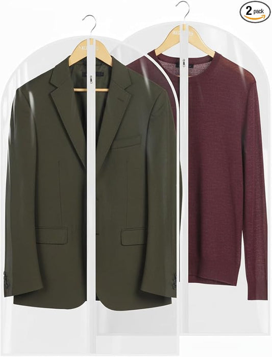 40” All Clear Garment Bags for Travel - PEVA Waterproof Suit Cover with Zipper for Hanging Clothes, Dresses, Coats - Durable Dresser for Closet Storage, Dustproof & Moisture Resistant - 40''/2 Pack