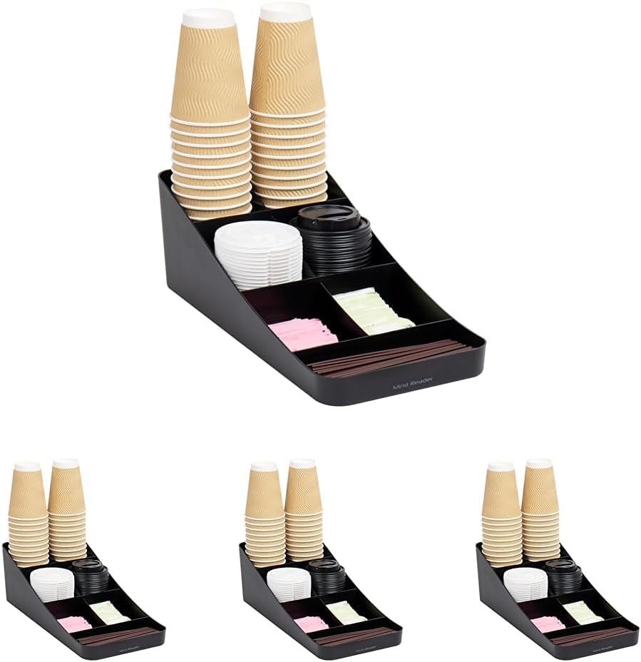 Mind Reader Cup and Condiment Station, Countertop Organizer, Coffee Bar, Kitchen, Stirrers, 7.25" L x 15.5" W x 5.25" H, Black (Pack of 4)