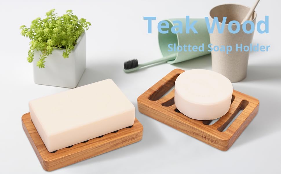 Slotted Soap Dish 2 Pack Teak Wood by HTB, Kitchen Wooden Sponge Holder, Self Draining Soap Dish for Shower, Sink, Bathroom, Bathtub, RV