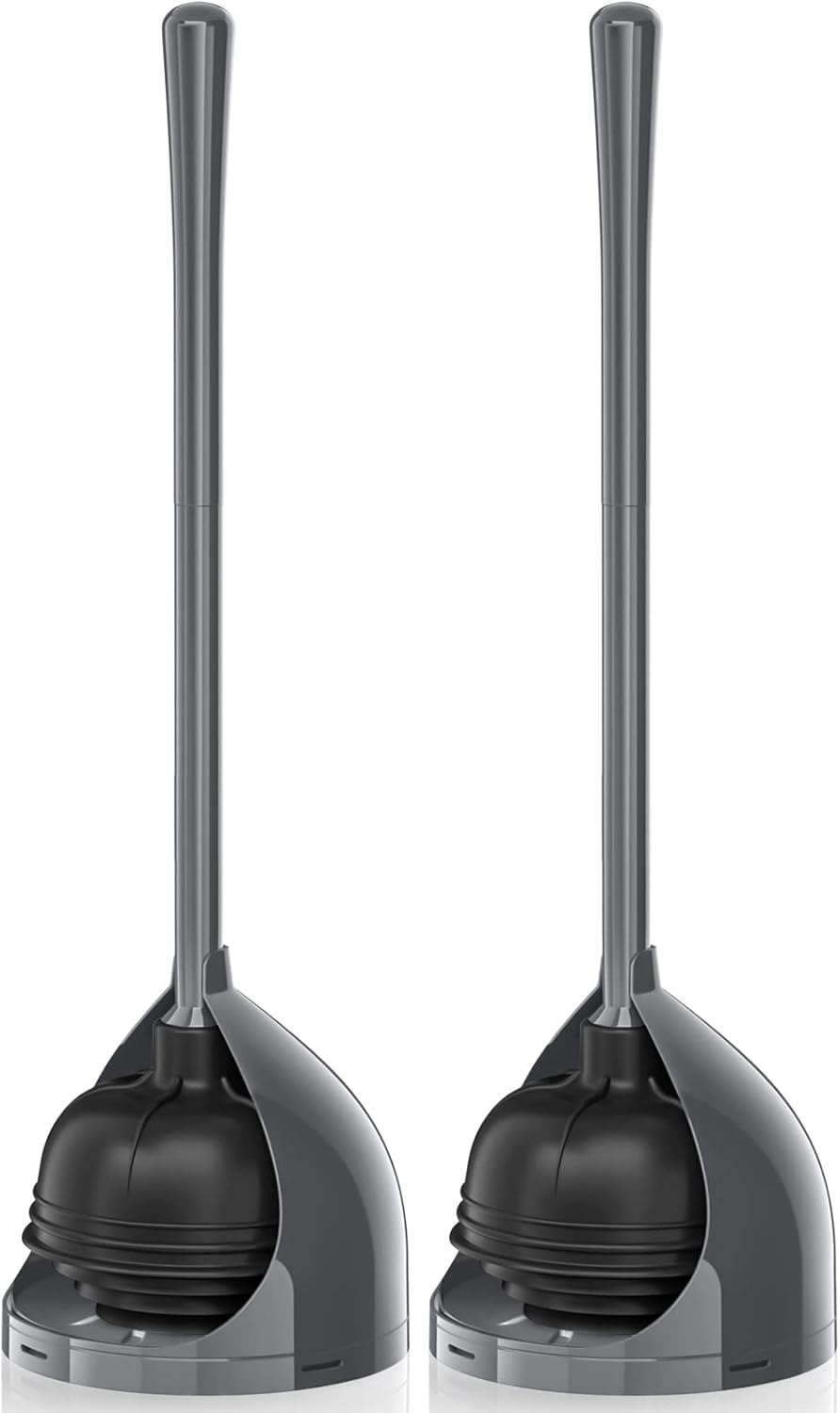 uptronic 2 Pack Toilet Plunger with Holder, Unique Plunger with All-Angle Design, Plungers for Bathroom for 5.7-inch Toilet Drain, Toilet Plunger Heavy Duty (Grey)