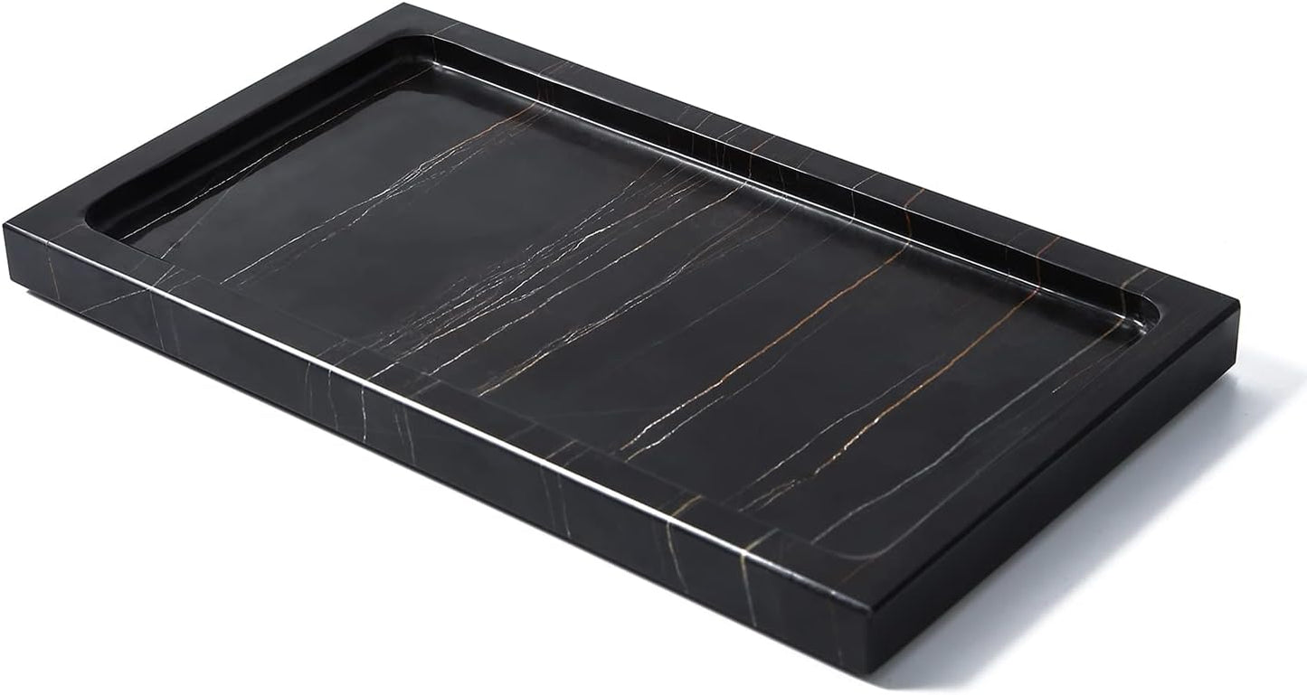Natural Real Marble Bathroom Vanity Tray Countertop 9'' Makeup Organizer for Dresser, Guest Towel Holder Tray Napkin Holder for Bathroom (Black)