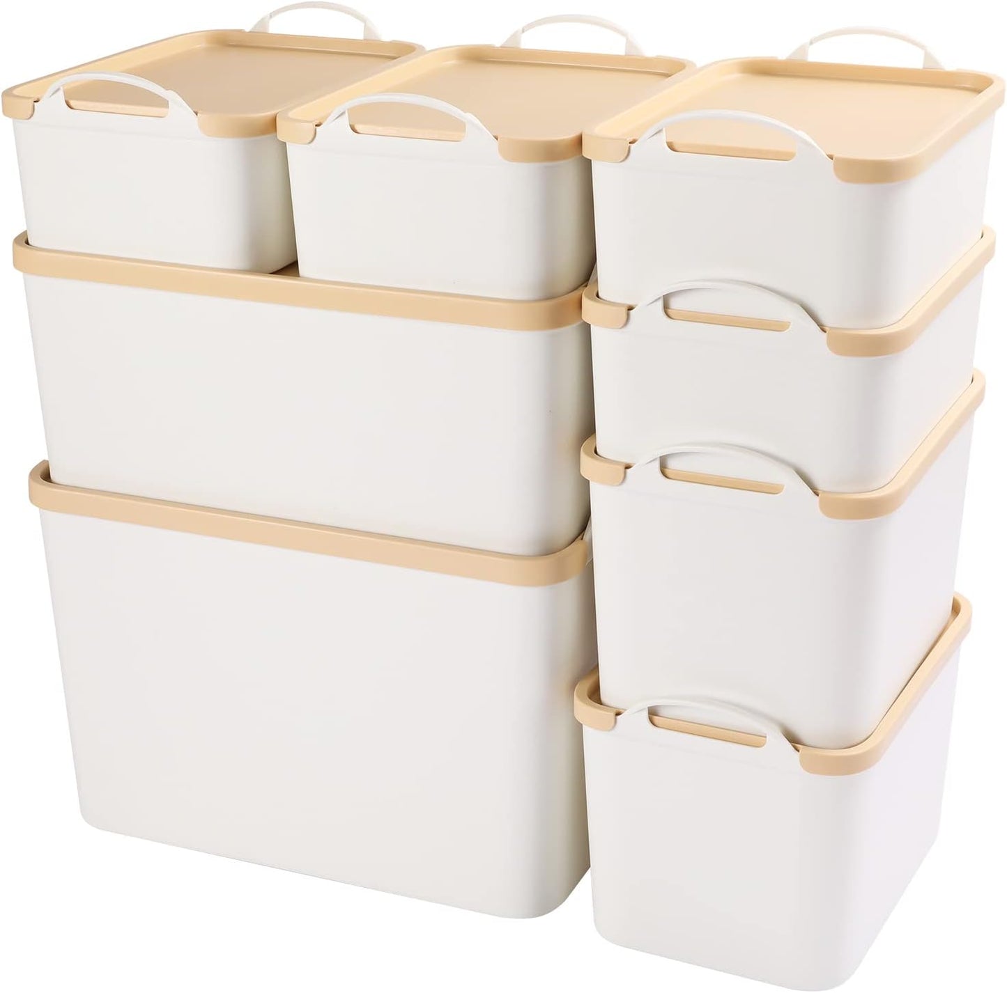 ANMINY 8PCS All-in-One Lidded Plastic Storage Bins Set White Desk Basket Box Drawer Organizer Kitchen Food Container with Handles Removable Lids Decorative Clothes Laundry Closet Cabinet Shelf Cube