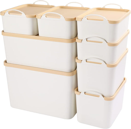 ANMINY 8PCS All-in-One Lidded Plastic Storage Bins Set White Desk Basket Box Drawer Organizer Kitchen Food Container with Handles Removable Lids Decorative Clothes Laundry Closet Cabinet Shelf Cube