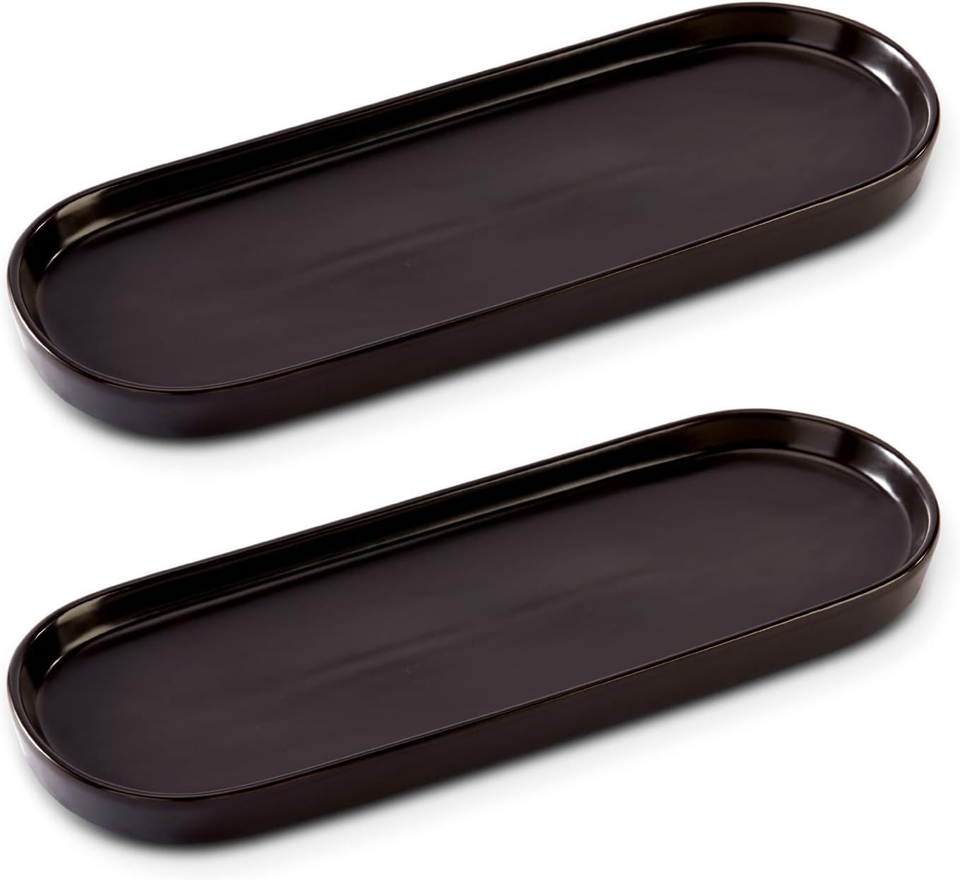 Ceramic Sink Tray, Bathroom Counter Tray, Bathtub Tray, Cosmetics Dish, Candle Tray, Perfume Shampoo Liquid Soap Tray Simple Style Design Suit for Bathroom and Kitchen (2pcs Black)