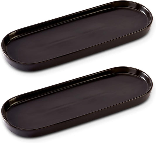Ceramic Sink Tray, Bathroom Counter Tray, Bathtub Tray, Cosmetics Dish, Candle Tray, Perfume Shampoo Liquid Soap Tray Simple Style Design Suit for Bathroom and Kitchen (2pcs Black)