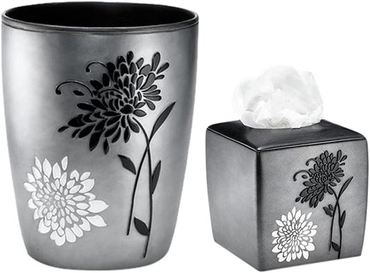 Zahari Home 2pc Erica Bathroom Decor Set Waste Basket for Bathroom & Tissue Cover Modern Classic Decor Stylish Unique Design Beautiful Grey Bathroom Accessories Set