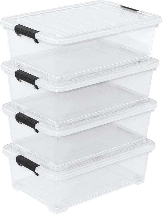 4 Packs 20 Quarts Under Bed Plastic Storage Bins with Lids, Clear Underbed Storage Containers with Wheels