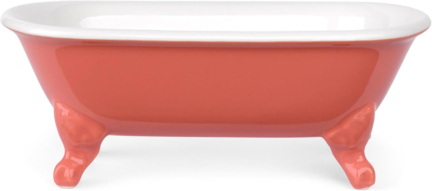 6.5" Ceramic Mini Decorative Clawfoot Bathtub Bar Soap Dish, Kitchen Sponge Holder and Shower Tray for Bathroom, 1 Pack(Coral)