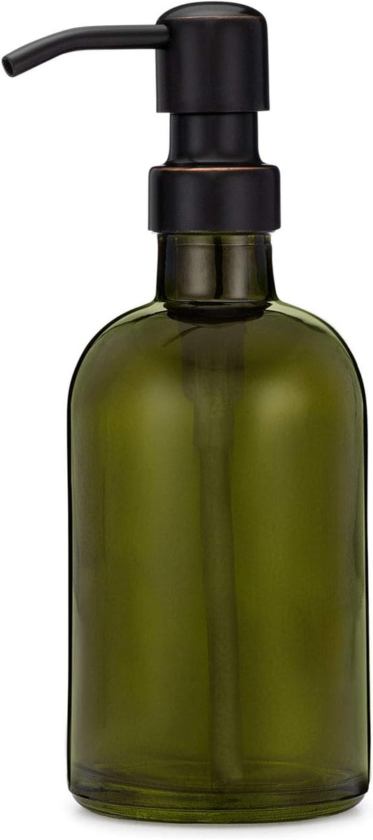 Rail19 Forest Green Glass Lotion & Soap Dispenser with Metal Pump, 8oz (Farmhouse Bronze)