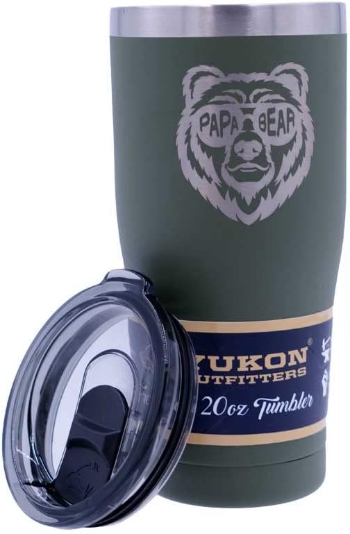 Yukon Outfitters Freedom High Grade 18/8 Corrosion-Resistant Stainless Steel Double Wall Vacuum Tumbler (20 oz/ 590ml) - 7.3" H x 3.4" Top dia. / 2.7" Bottom dia., Olive Drab with Papa Bear Shades