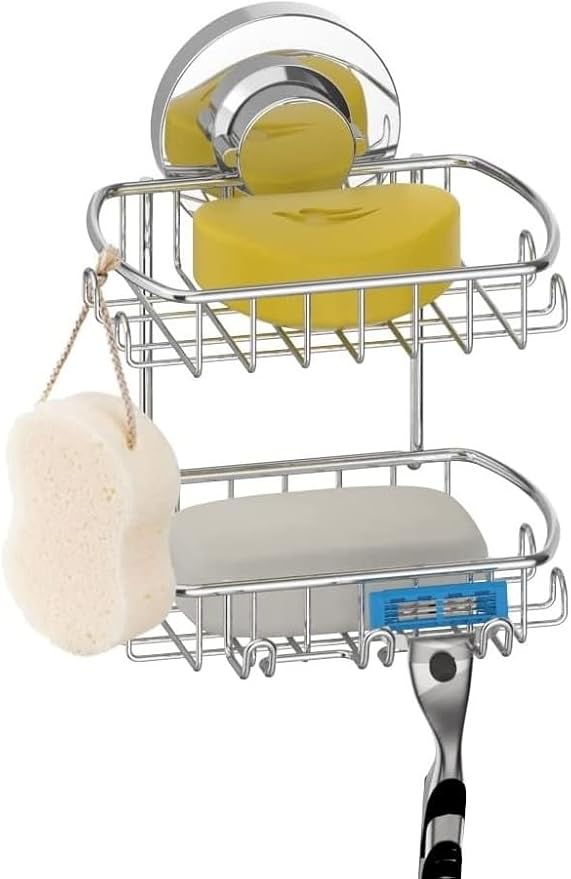 Soap Dish for Shower Suction Cup Powerful Vacuum System Rustproof 304 Stainless Steel Basket Sponges Holder with Razor Hooks for Bathroom or Kitchen Soap Holder, 2 Tier (Silver)