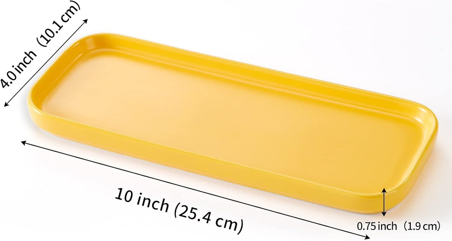 Ceramic Bathroom Tray,Kitchen Sink Organizer Tray,Cosmetics Holder,Vanity Trays,Candle Tray,Dessert Plate,Simple Style Rectangle Tray for Dessert Fruit Jewelry Perfume Soap Succulents Plant (Yellow)