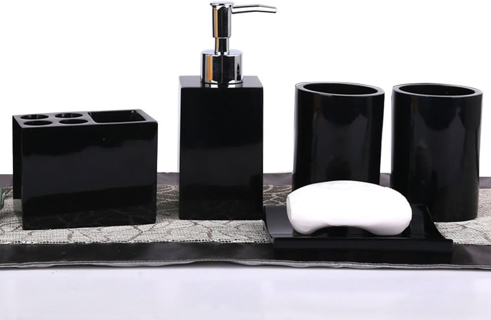 LUANT Resin Soap Dish, Soap Dispenser, Toothbrush Holder & Tumbler Bathroom Accessory 5 Piece Set (Black)