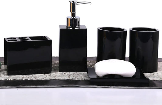 LUANT Resin Soap Dish, Soap Dispenser, Toothbrush Holder & Tumbler Bathroom Accessory 5 Piece Set (Black)