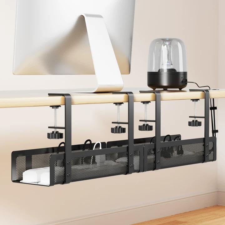 [Upgraded] 2 Pack Cable Management Under Desk Tray, Xpatee 27.6" No Drill Open Slots Cable Management Tray, Cord Wire Organizer Box with Clamp for Table Thickness up to 3" - No Desk Damage(Black)