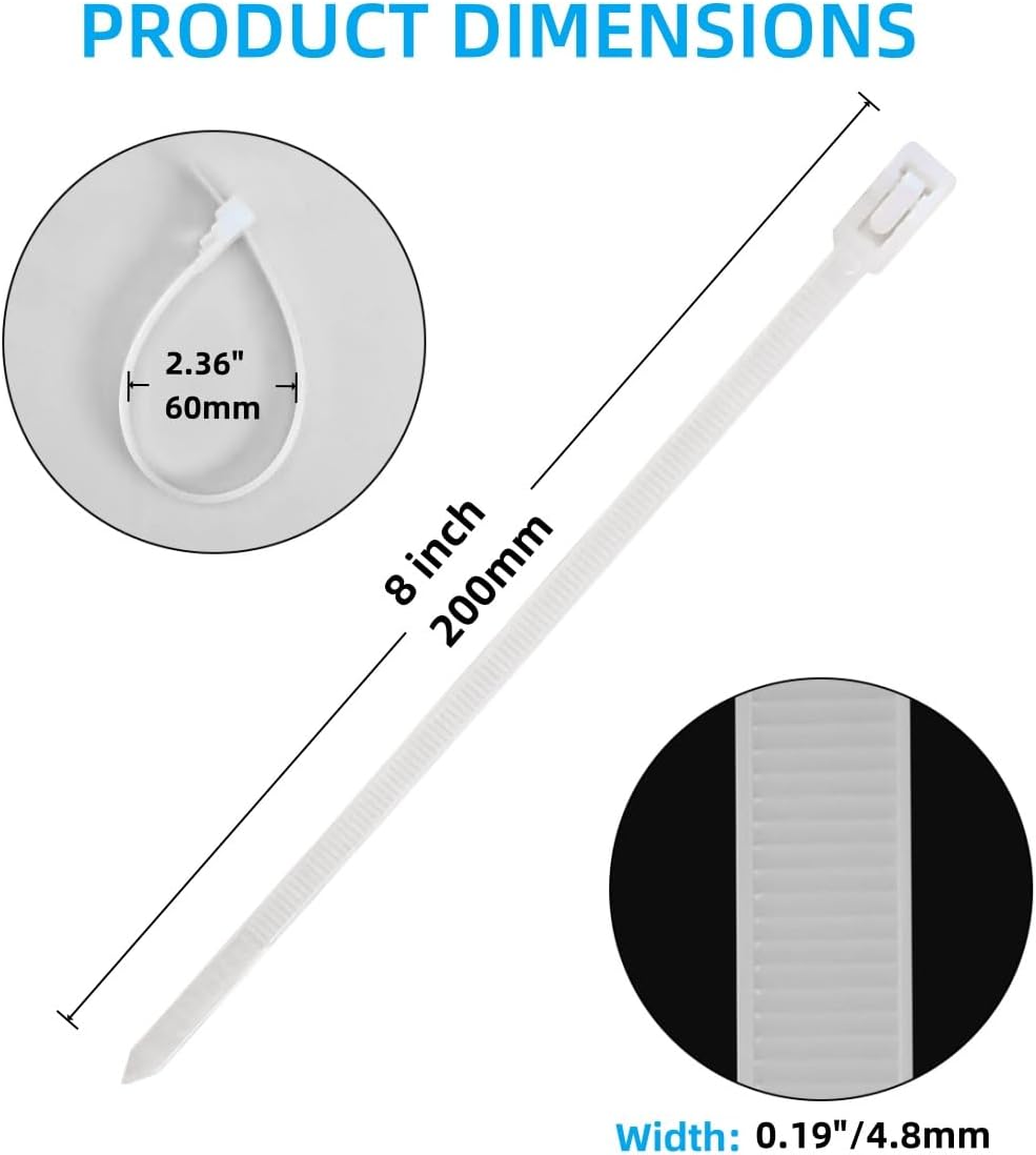 50 PCS 8 Inch Reusable Zip Ties White – Adjustable Cable Tie, 36 LBS Strength for Home, Car, Office & Wire Management (Self-Locking, Indoor/Outdoor Use)