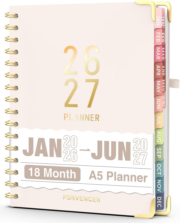 Forvencer Planner 2026-2027, 18 Month Weekly and Monthly Calendar Planner, Jan 2026 -June 2027, 6.3" x 8.4", Daily Agenda Book with Tabs, College Organizer Notebook, School Supplies for Student Teacher Classroom, A5, Beige
