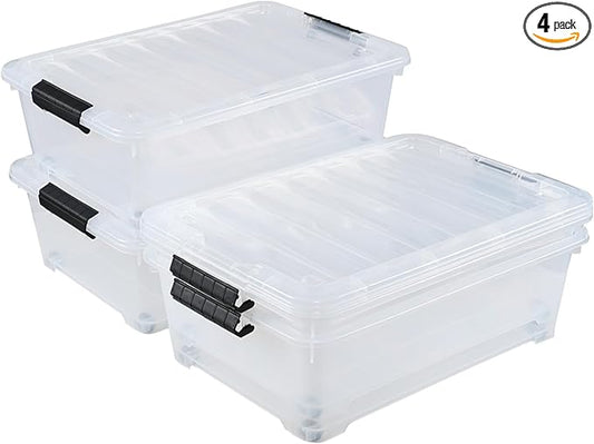 4 Packs 20 Quart Plastic Under Bed Storage Container with Lids and Wheels, Stackable and Nestable Organizer Bins, Flat Storage Box