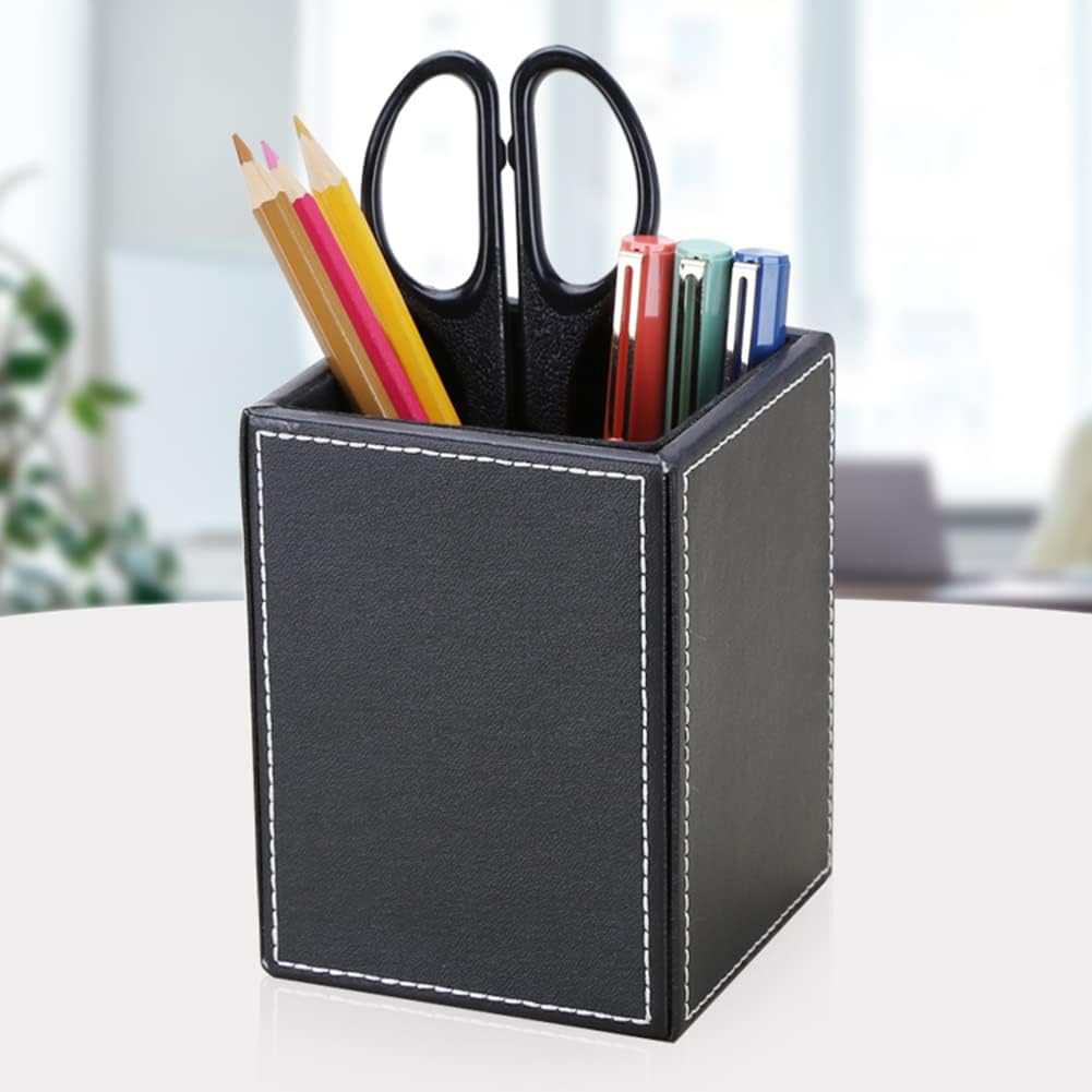 KINGFOM PU Leather Square Pens Pencils Holder Cup Desktop Stationery Organizer Case Office Accessories Container Box (black)